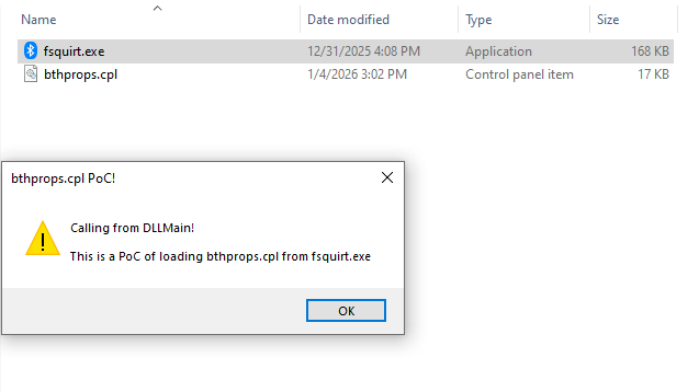 Captura de pantalla del PoC de Fsquirt.exe