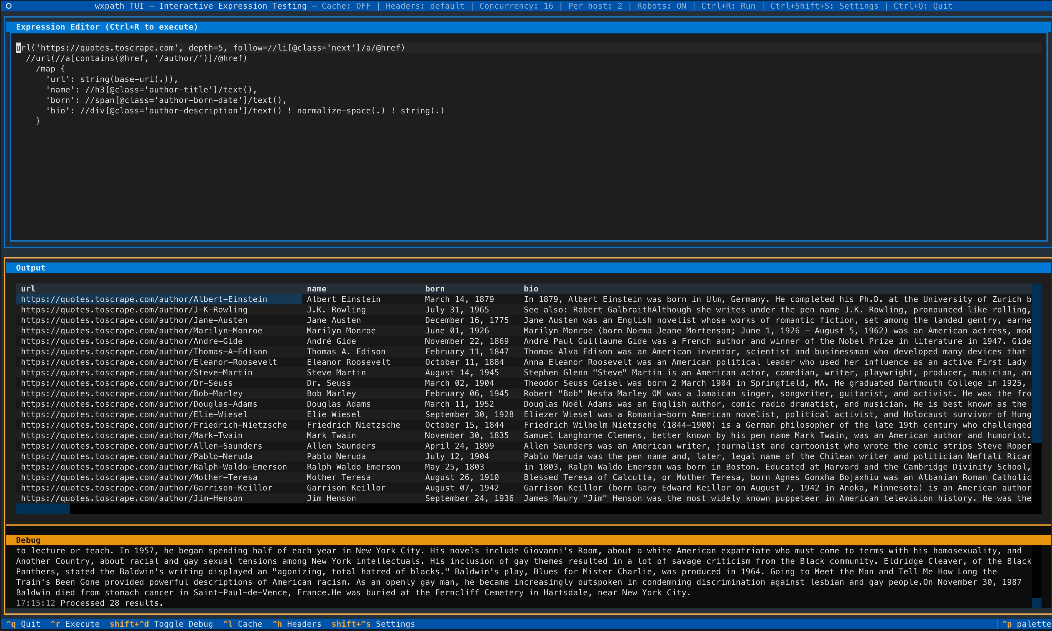 Wxpath TUI Demo screenshot