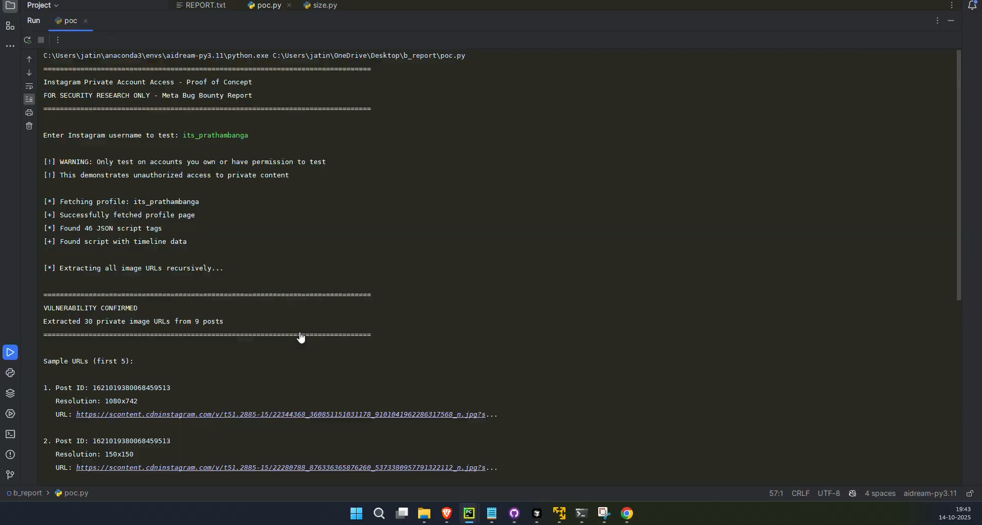 Script POC extrayendo URLs privadas