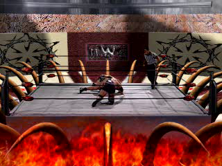 Recovered CyberRing match - wrestlers in a CGI arena with composited fire effects, 320x240 MPEG-1