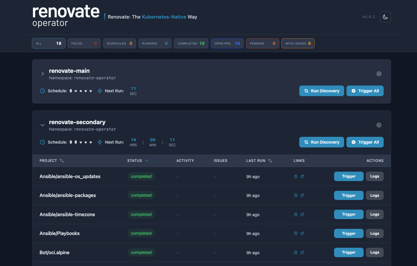 Captura de ejemplo de la interfaz de renovate-operator.