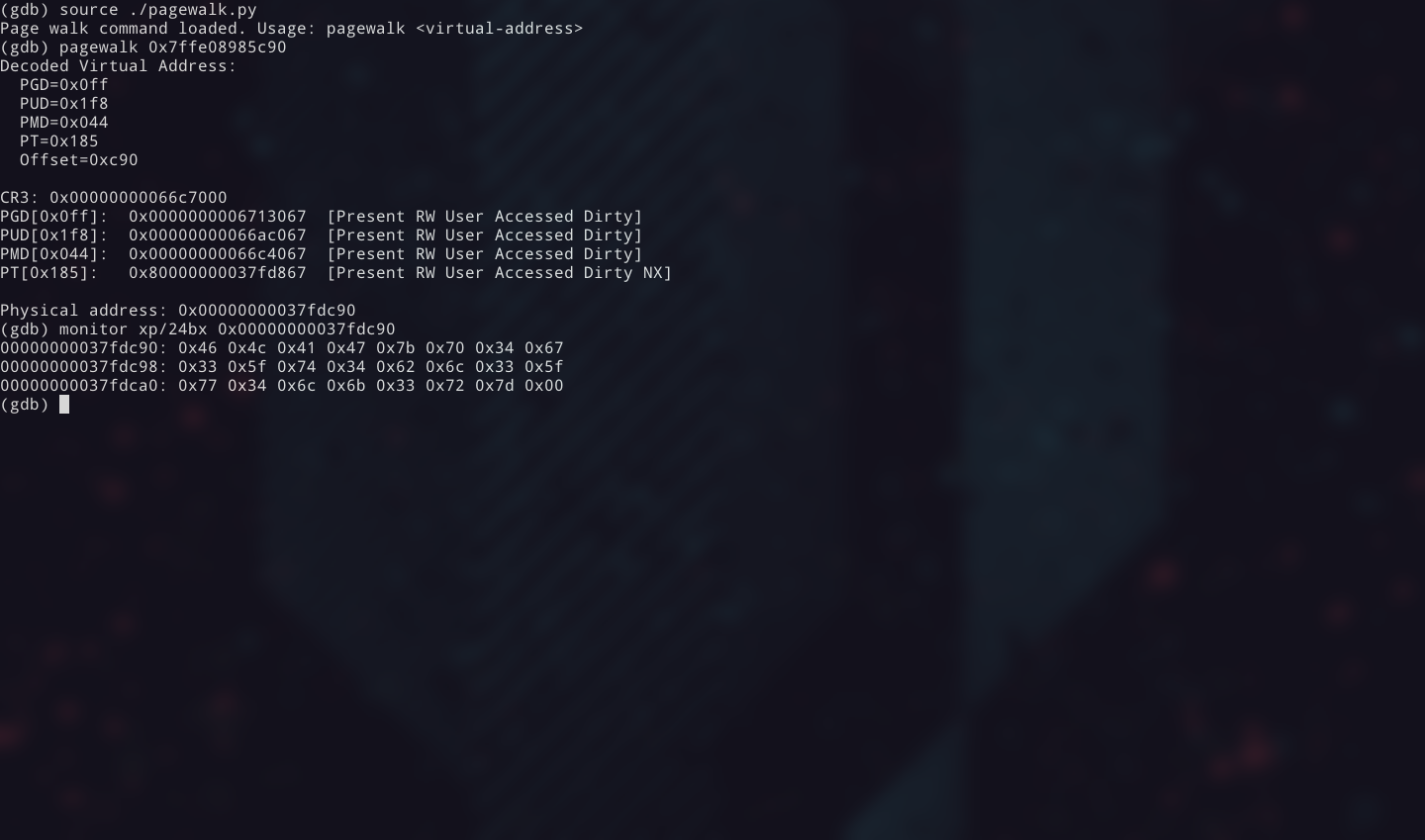 gdb showing pagewalk.py output with the full page table walk