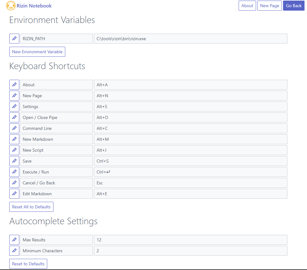 Rizin Notebook settings page