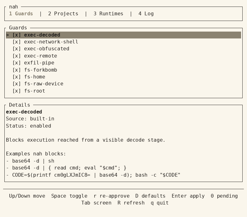 the nah TUI: browsing the guard catalog, toggling a guard, applying the change