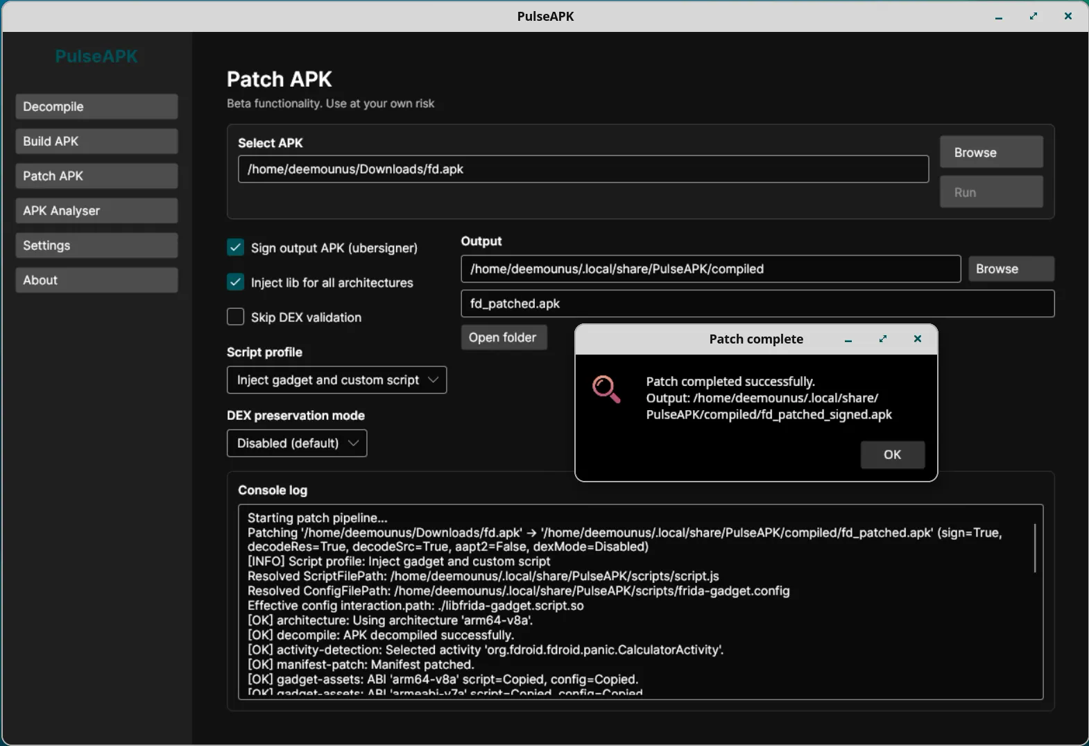 PulseAPK patching screen