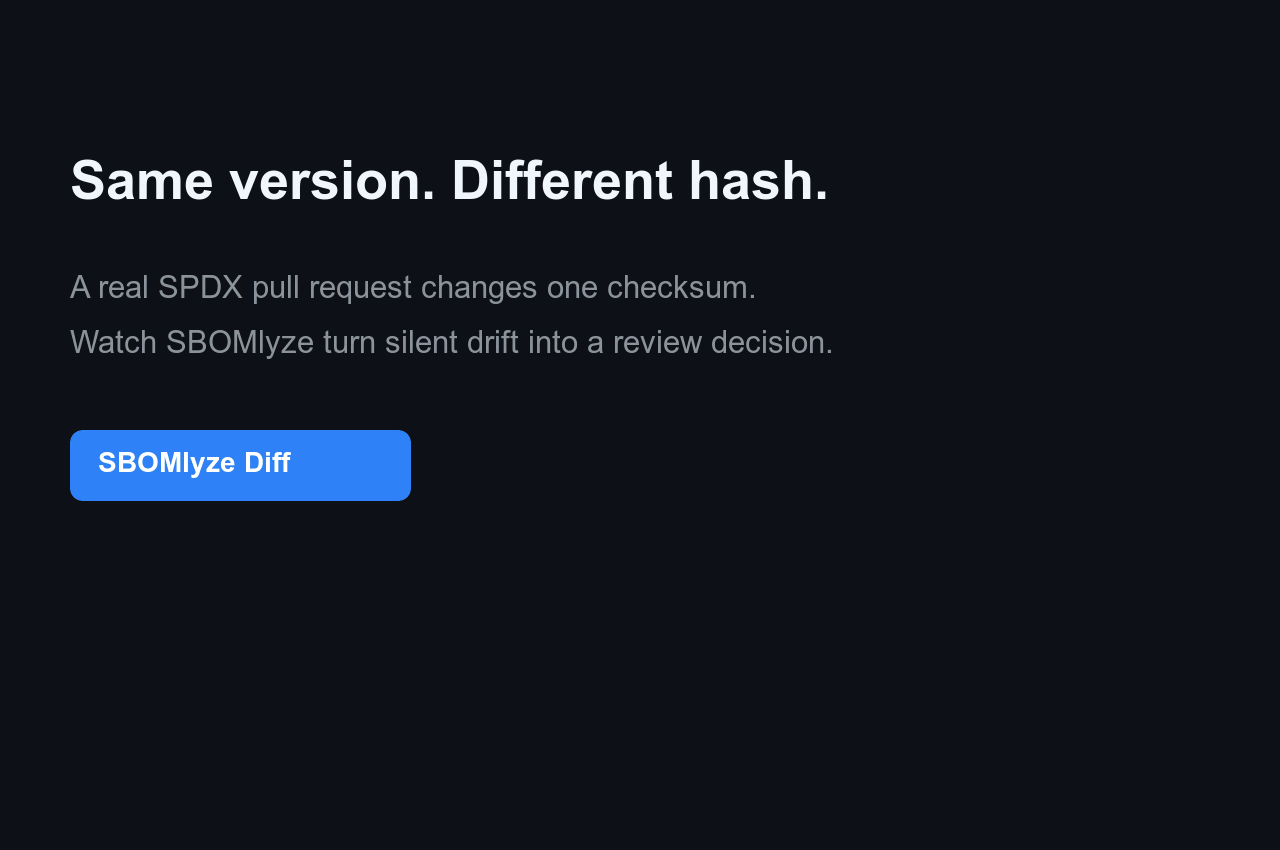 SBOMlyze blocks a same-version hash change in a real pull request