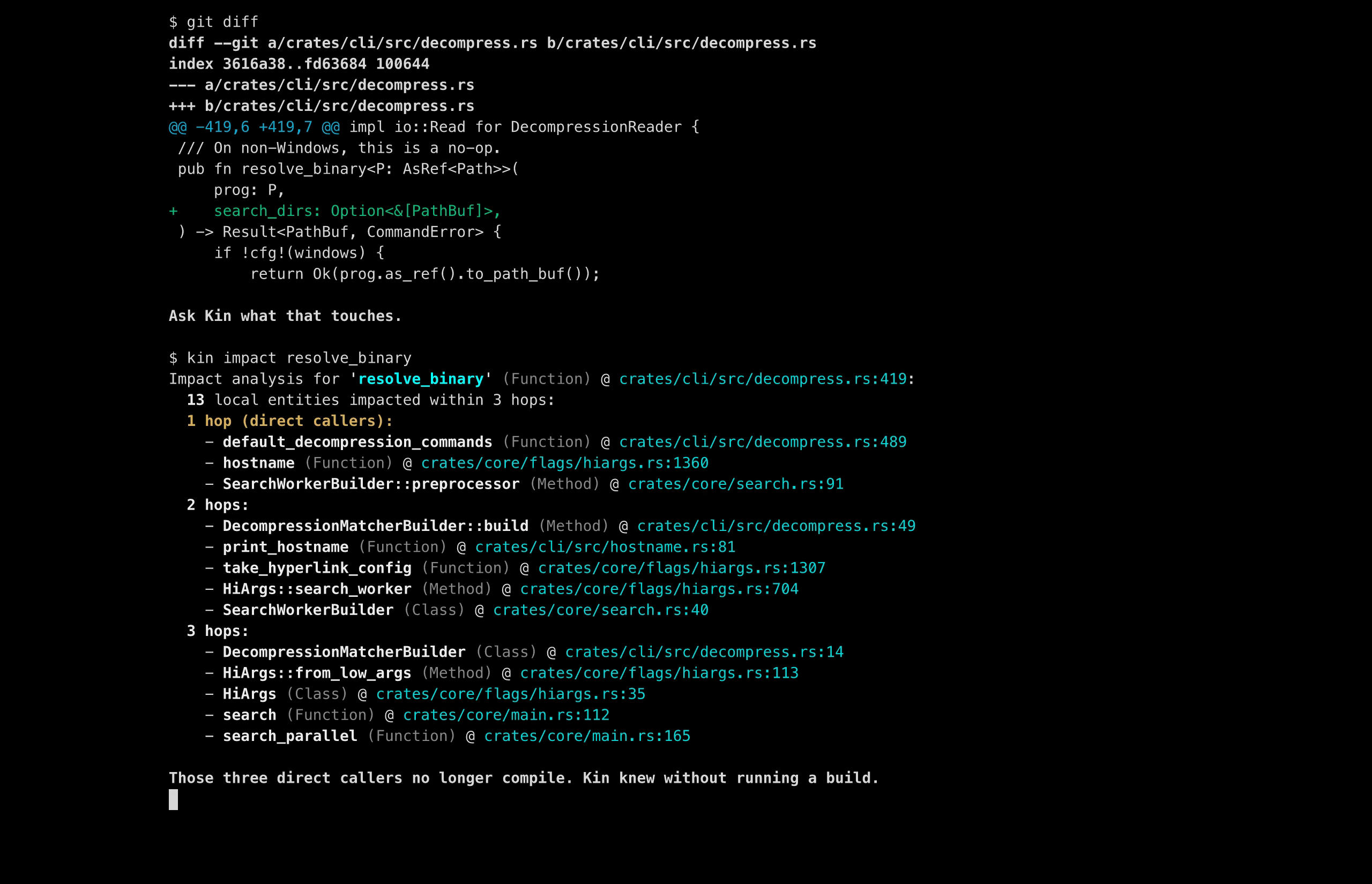 kin impact on ripgrep: a one-line signature edit, and Kin surfaces the entities it affects before a compiler runs