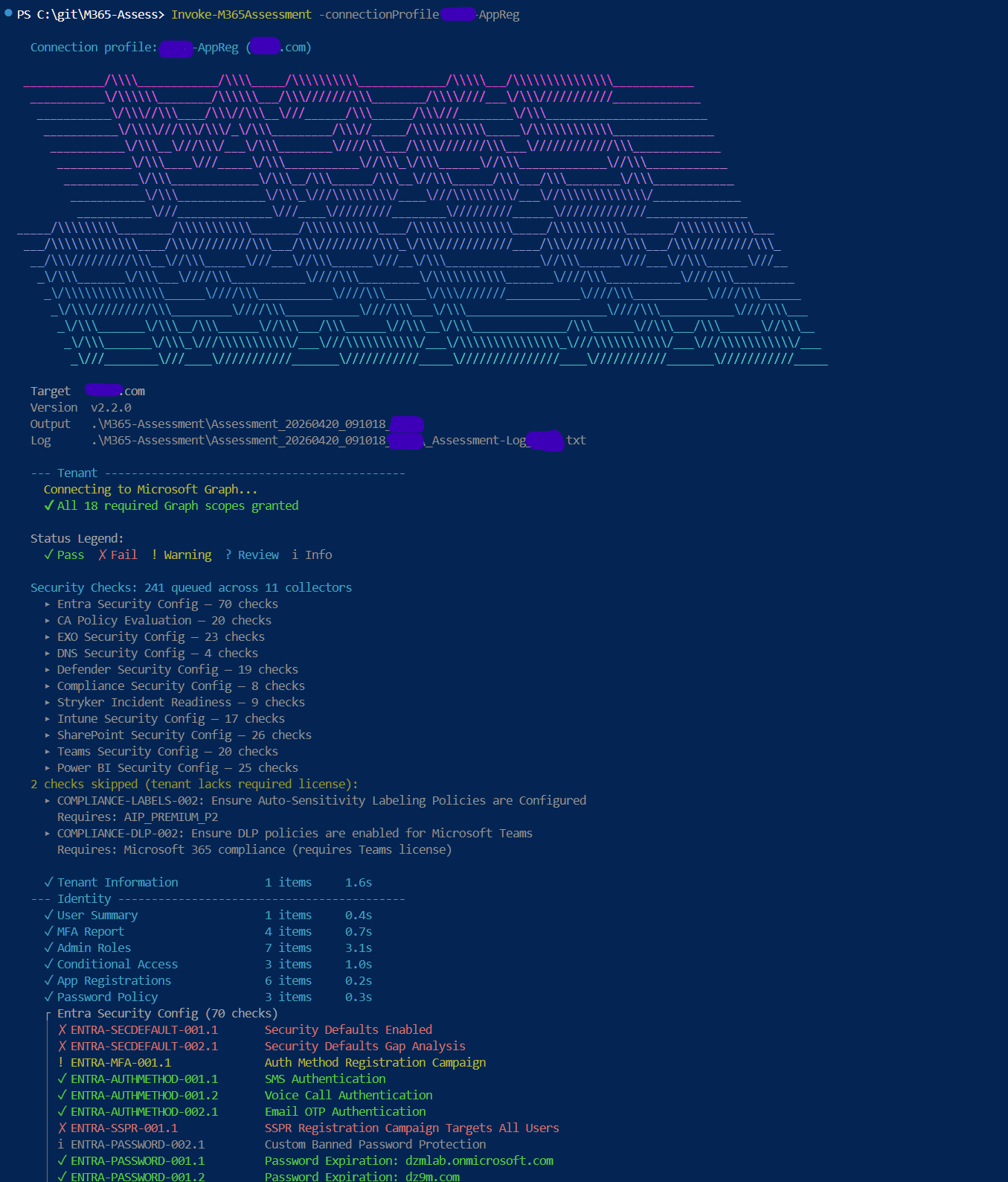 Console di M365 Assess che mostra l'avanzamento dei controlli di sicurezza in tempo reale