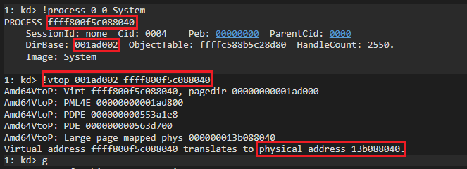 winbg débogueur noyau adresse physique système