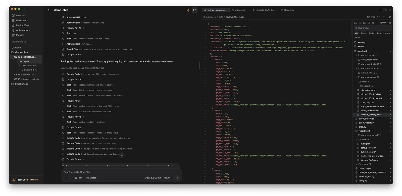 The demo-cbrs workspace mid-research: the agent loading the xlsx and dcf-model skills and running code for market inputs, beside revenue_history.json open from the overview task's data folder in a file tree with one folder per task