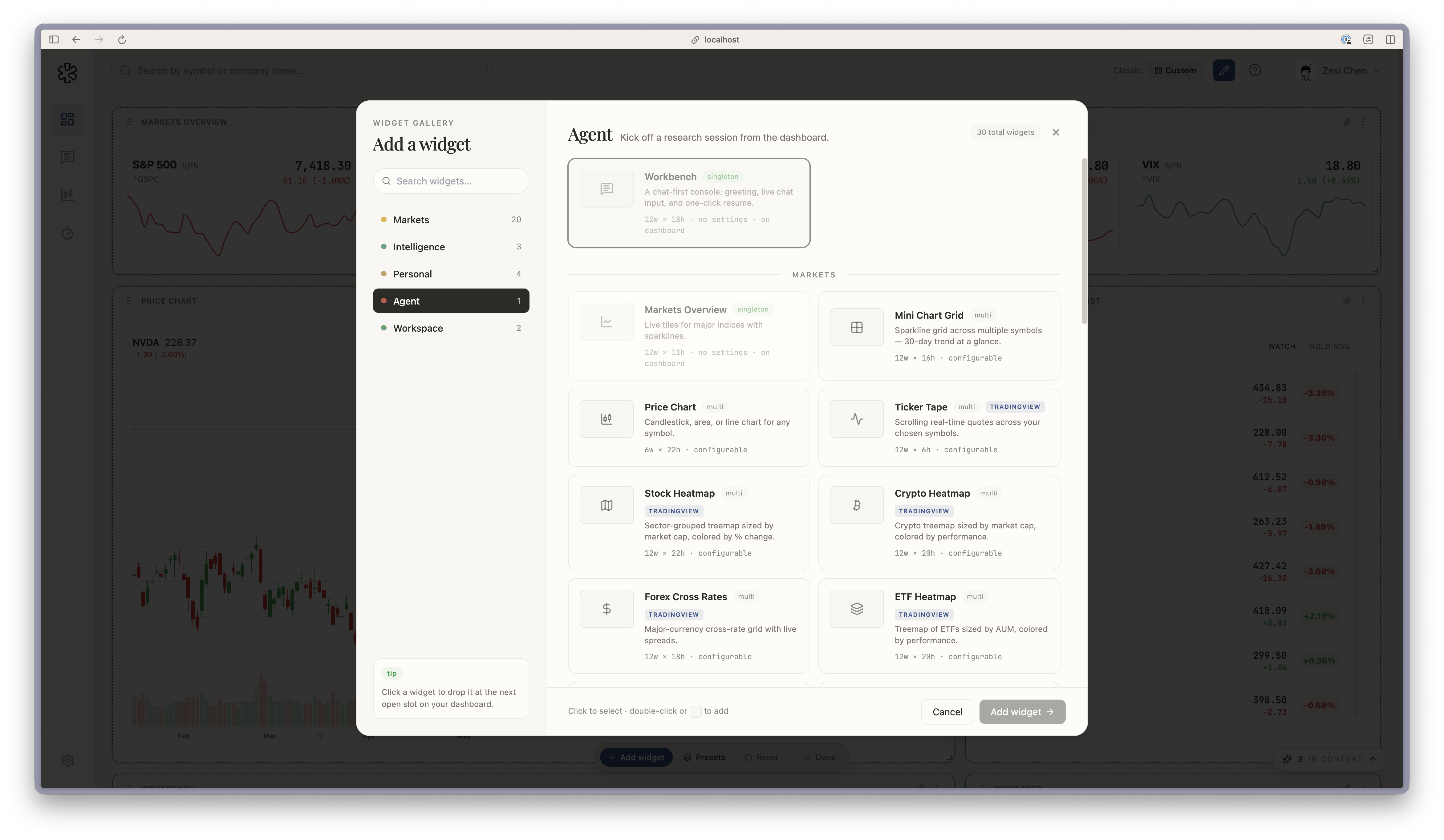 Galería de widgets del panel con categorías de mercados, inteligencia, personal, agente y espacio de trabajo