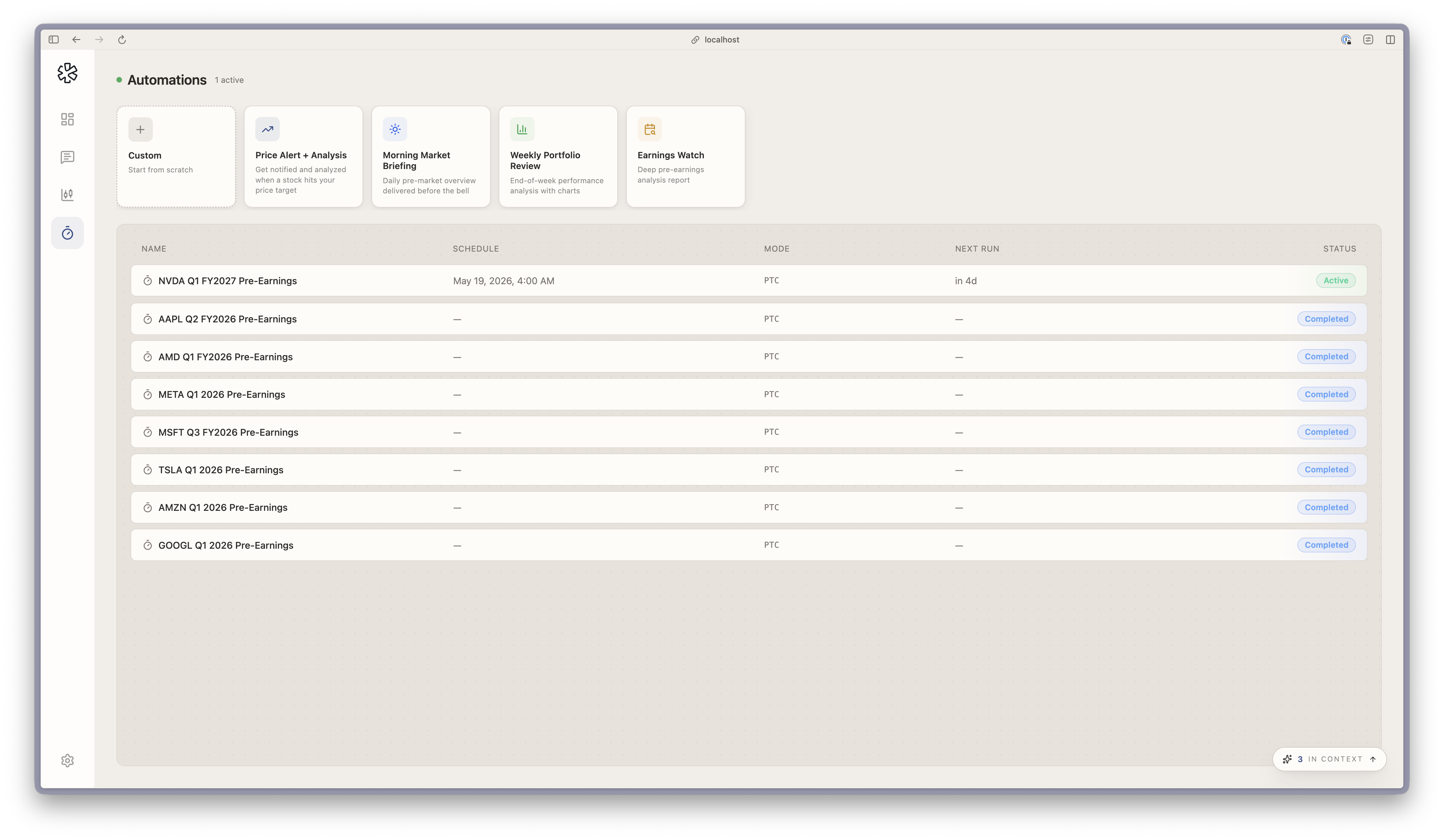 Página de automatizaciones con galería de plantillas y programación previa a resultados de los 7 Magníficos