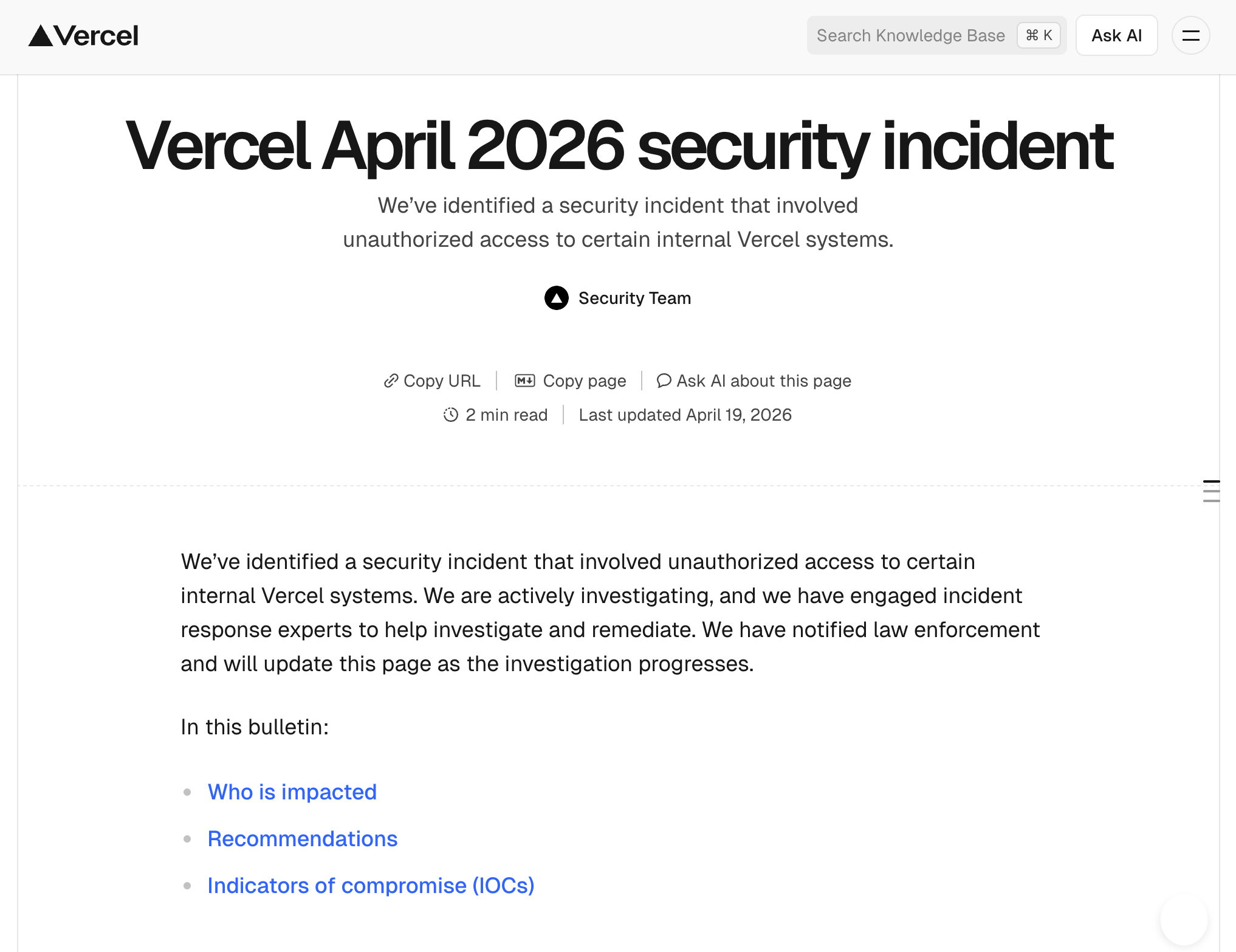 Vercel Security Announcement