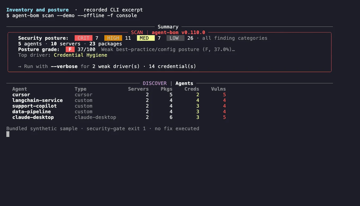 Recorded agent-bom CLI showing sample findings and remediation guidance; no fix executed
