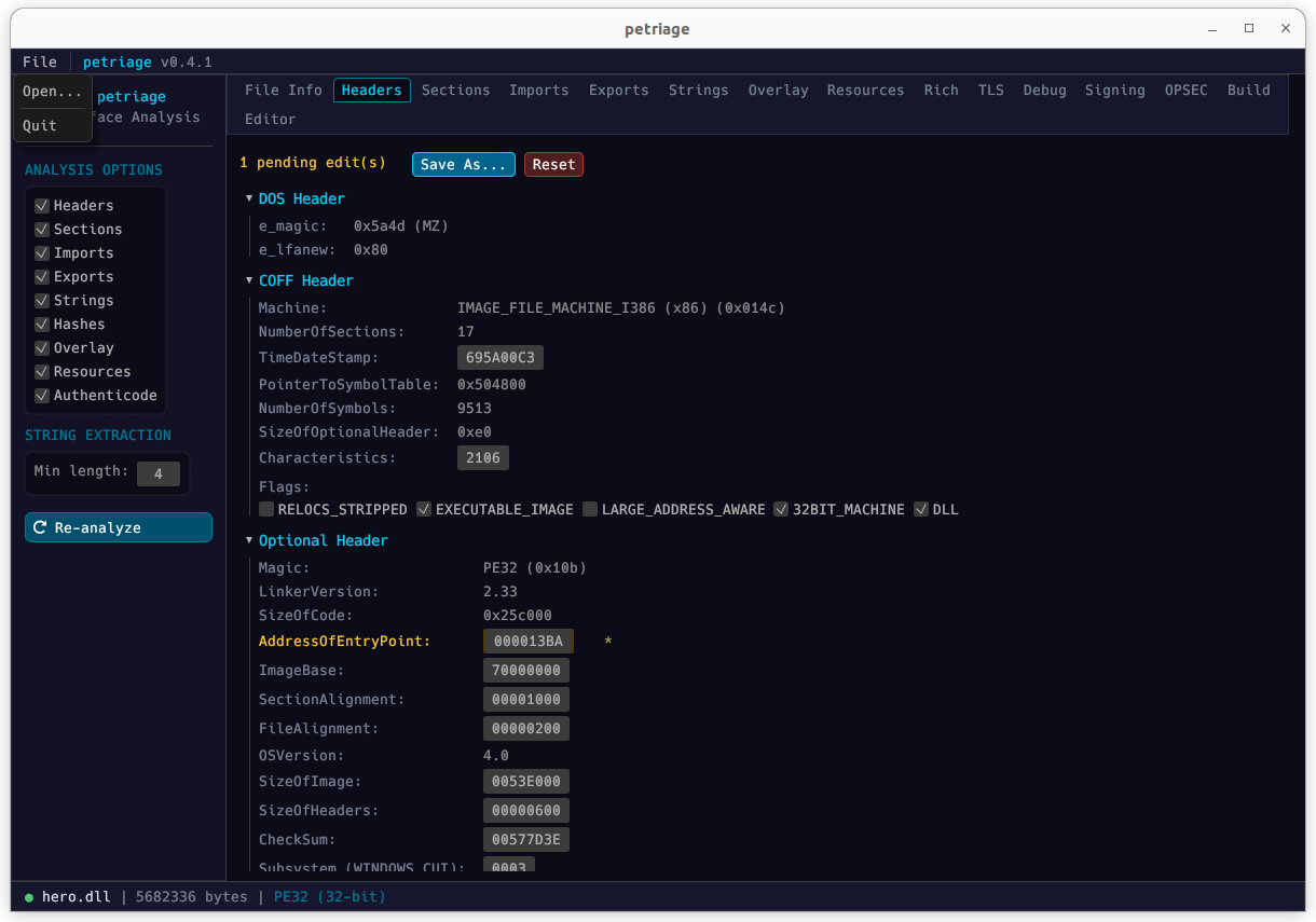 PETriage Editor