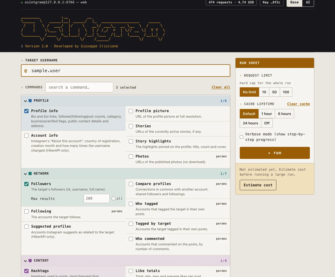 Base mode: 30 commands in two columns, grouped by colour and collapsible, with a search box and the run sheet