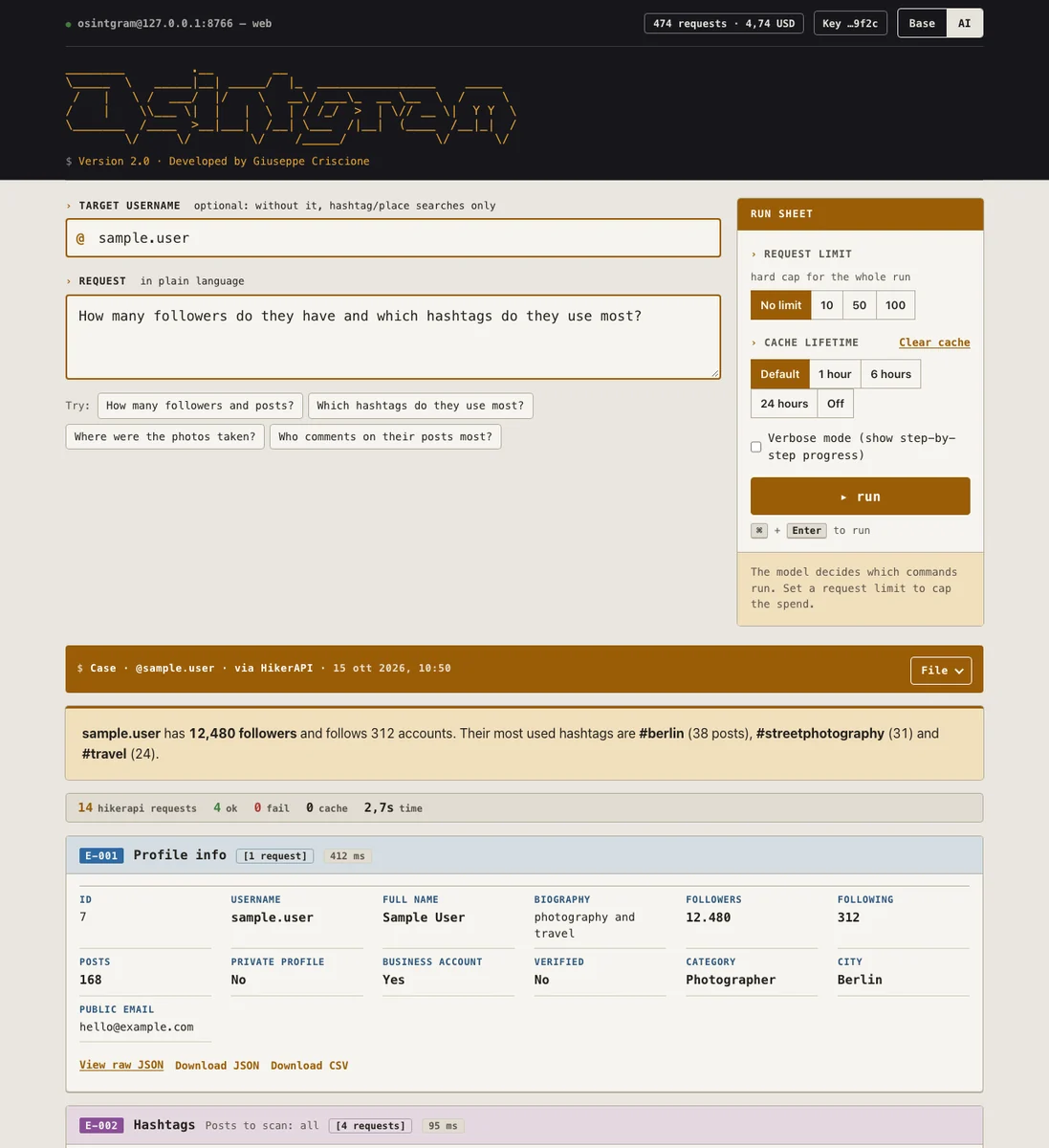 The Osintgram web interface: the request form with a run sheet showing limits and cost, the written answer, and numbered result exhibits with profile details and hashtags