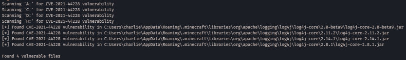 .\log4j-scanner.exe चलाने से टर्मिनल आउटपुट