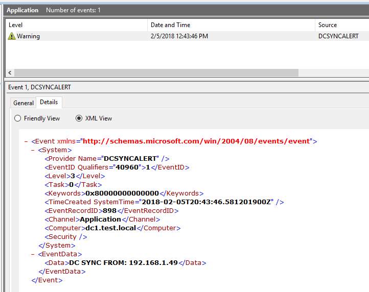 DCSYNC Warning Event Example Esempio di evento di avviso DCSYNC