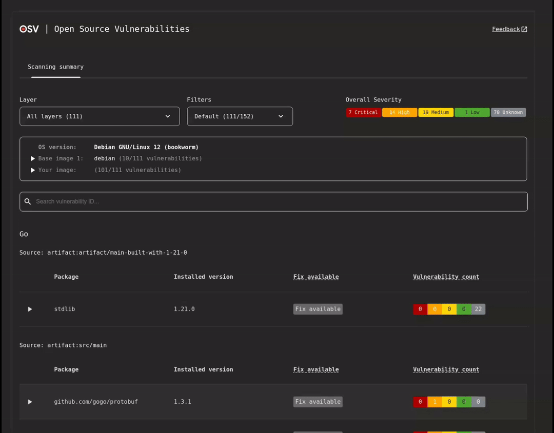 Bildschirmaufnahme der HTML-Ausgabe des Container-Scannings