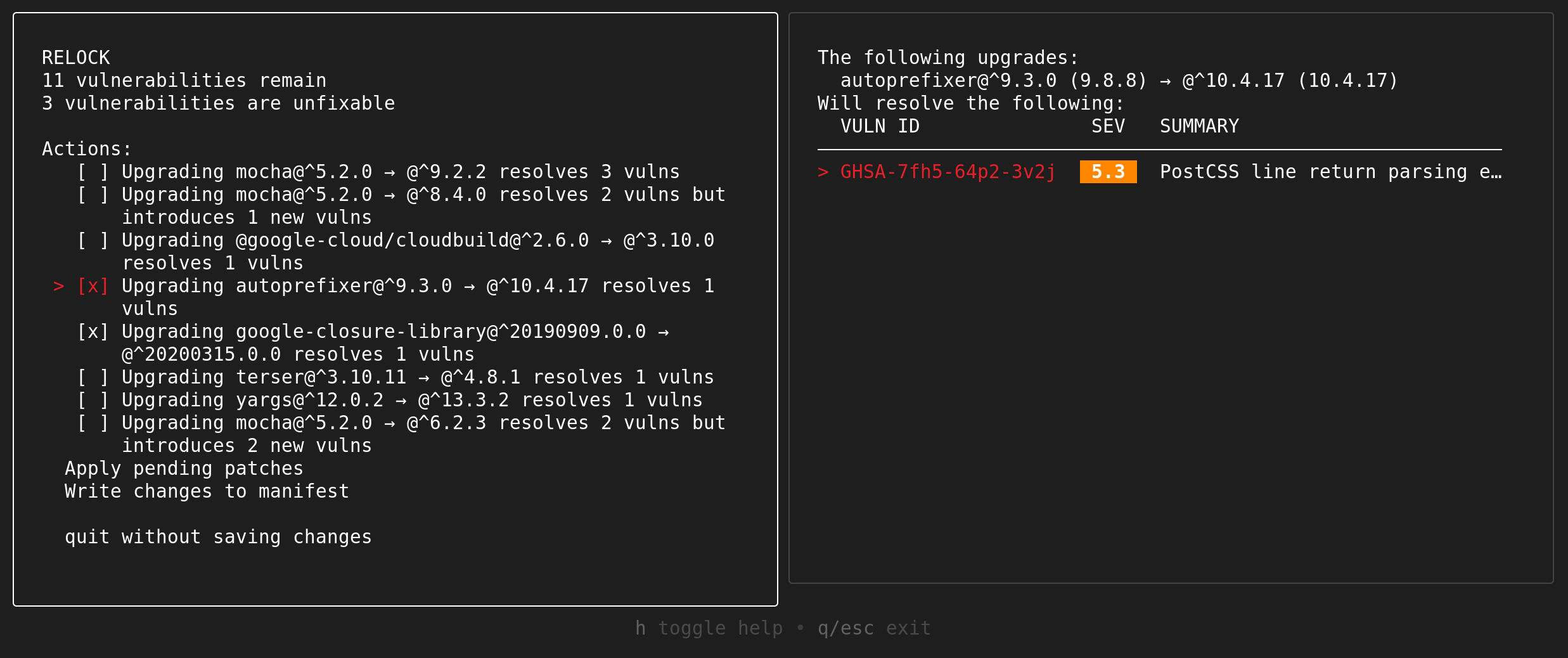 Screenshot des interaktiven Relock-Ergebnisbildschirms mit einigen ausgewählten Relaxation-Patches