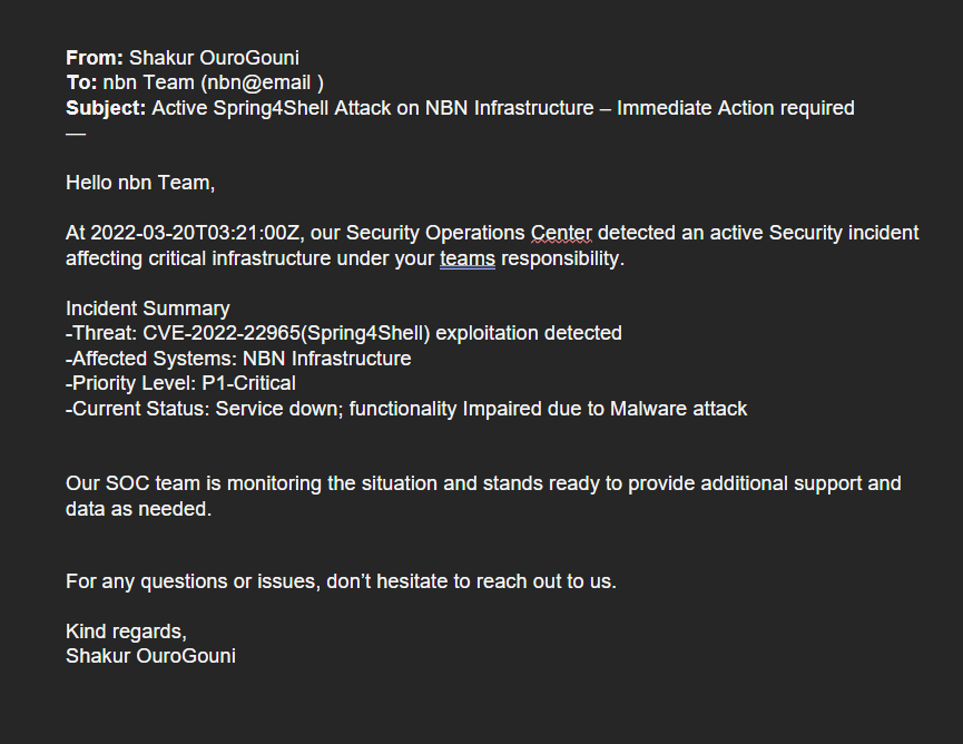 Incident Response Email to NBN Team