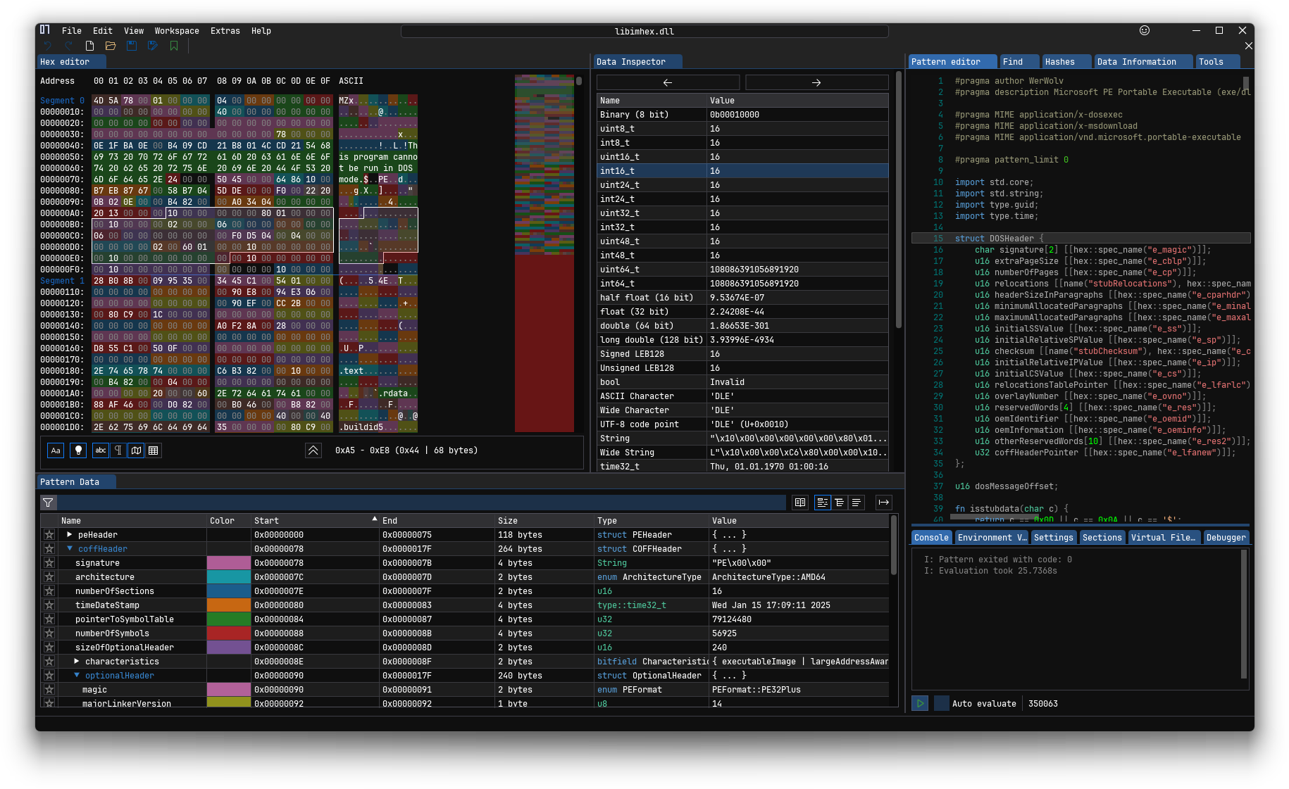 Hex editor, patterns and data information