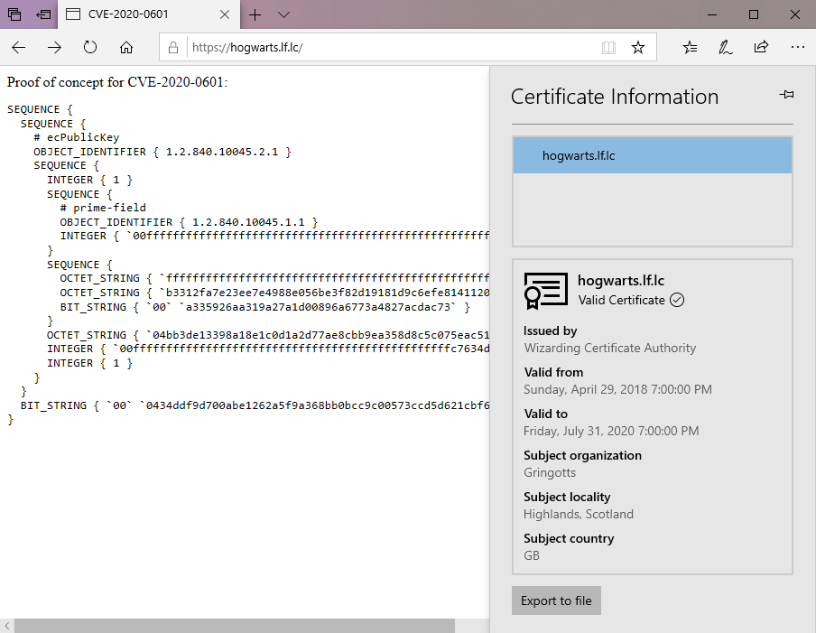 Internet Explorer に表示された概念実証証明書。