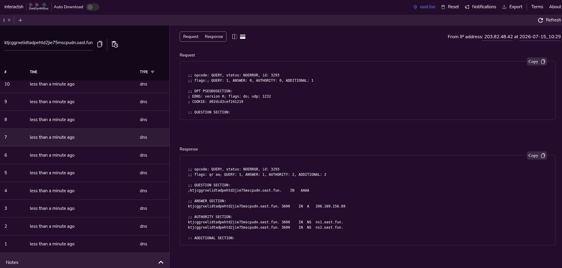 DNS callback received in OAST listener confirming deserialization