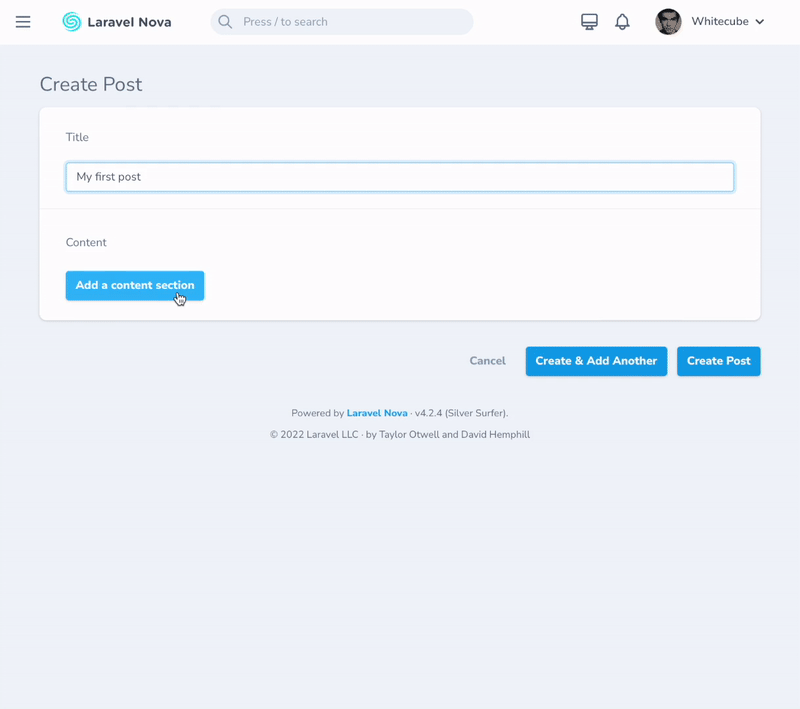 Laravel Nova Flexible Content в действии