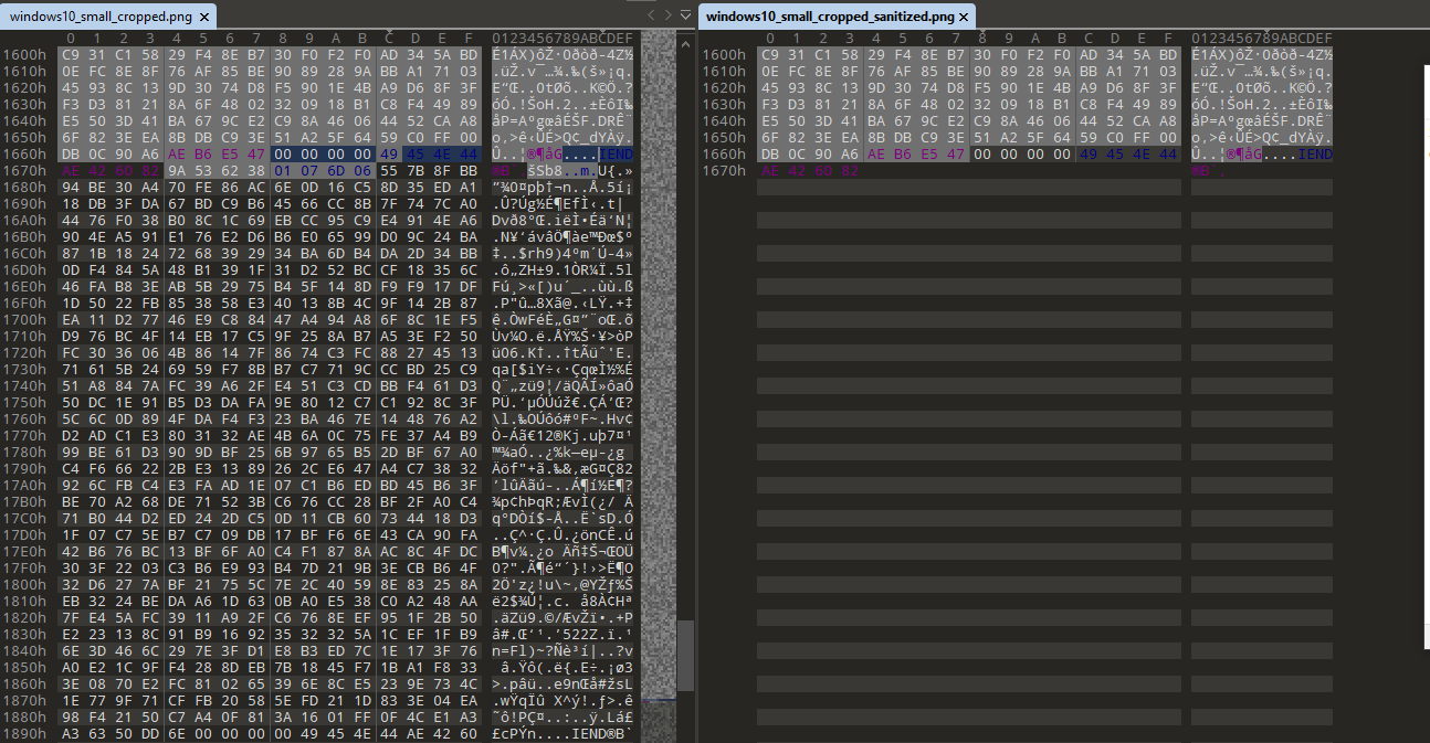 Comparação hexadecimal entre imagem sanitizada e vulnerável.