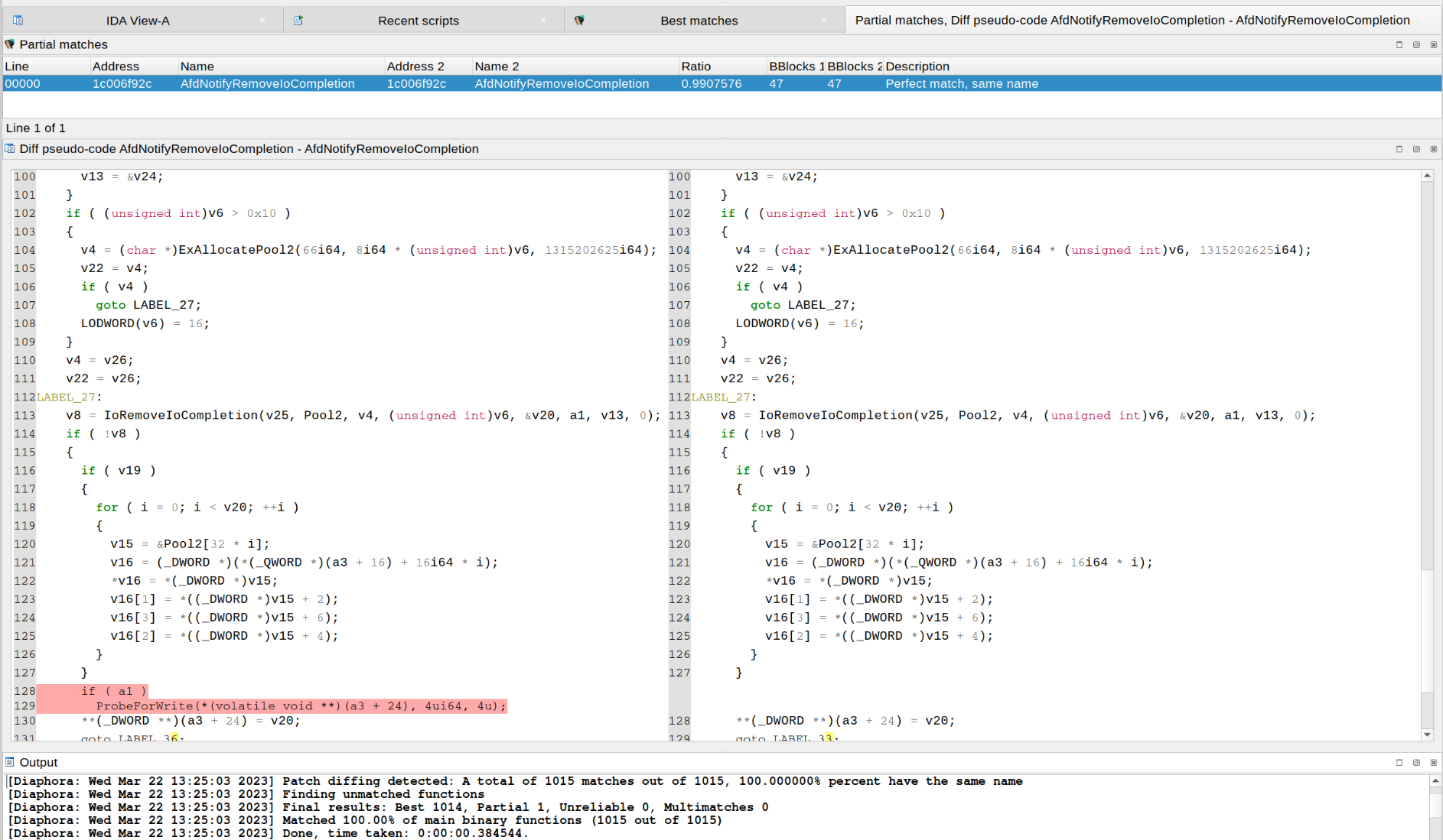使用 #Diaphora 3.0 对 CVE-2023-21768 进行差异比较