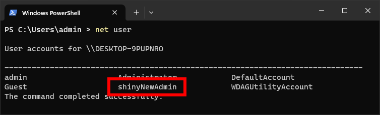 shinyNewAdmin ユーザーが作成された状態。