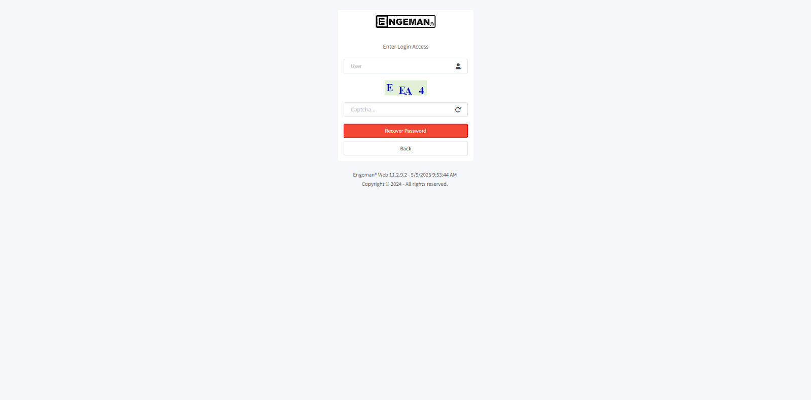 Pagina di recupero password di Engeman Web