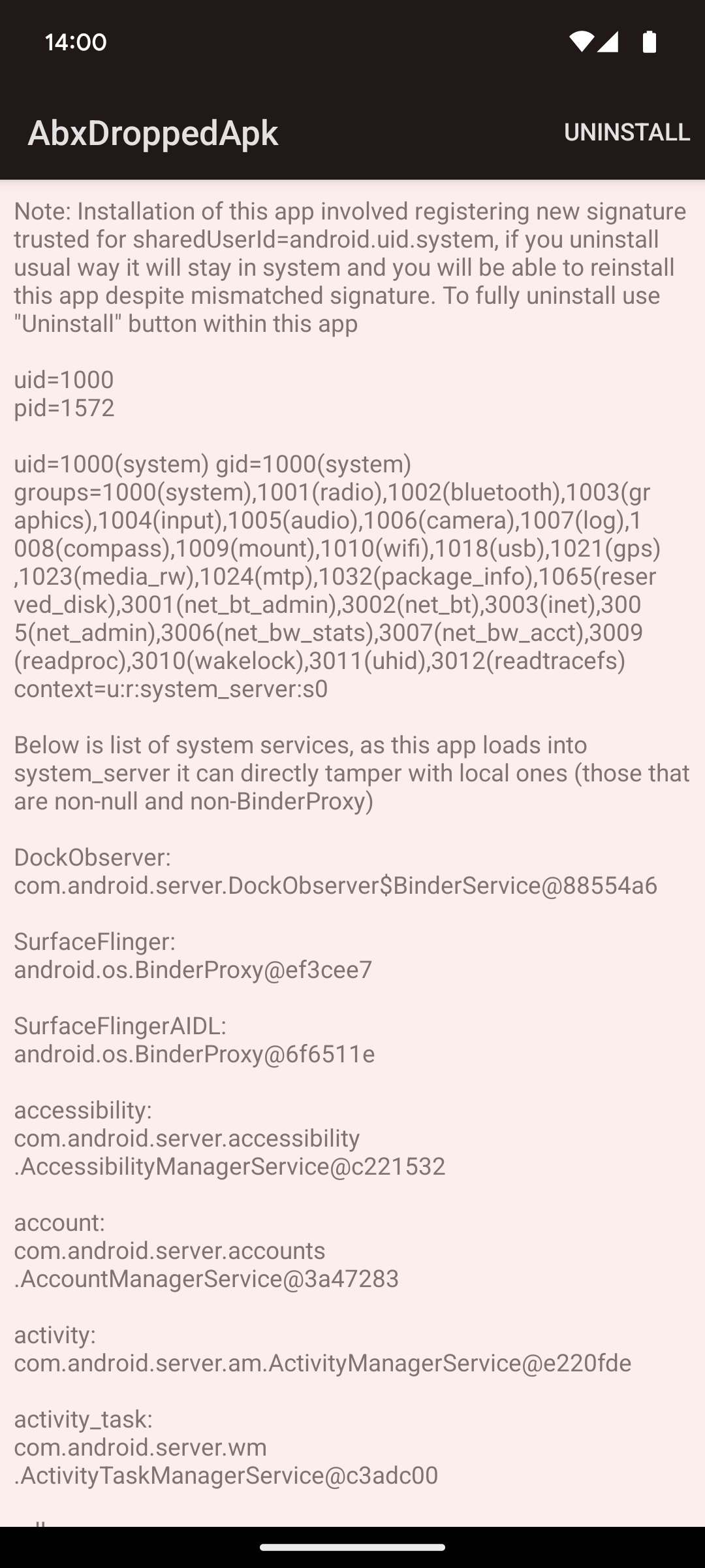 Screenshot einer Android-Anwendung mit dem Titel AbxDroppedApk und viel Text, der beschreibt, dass sie innerhalb von system_server läuft