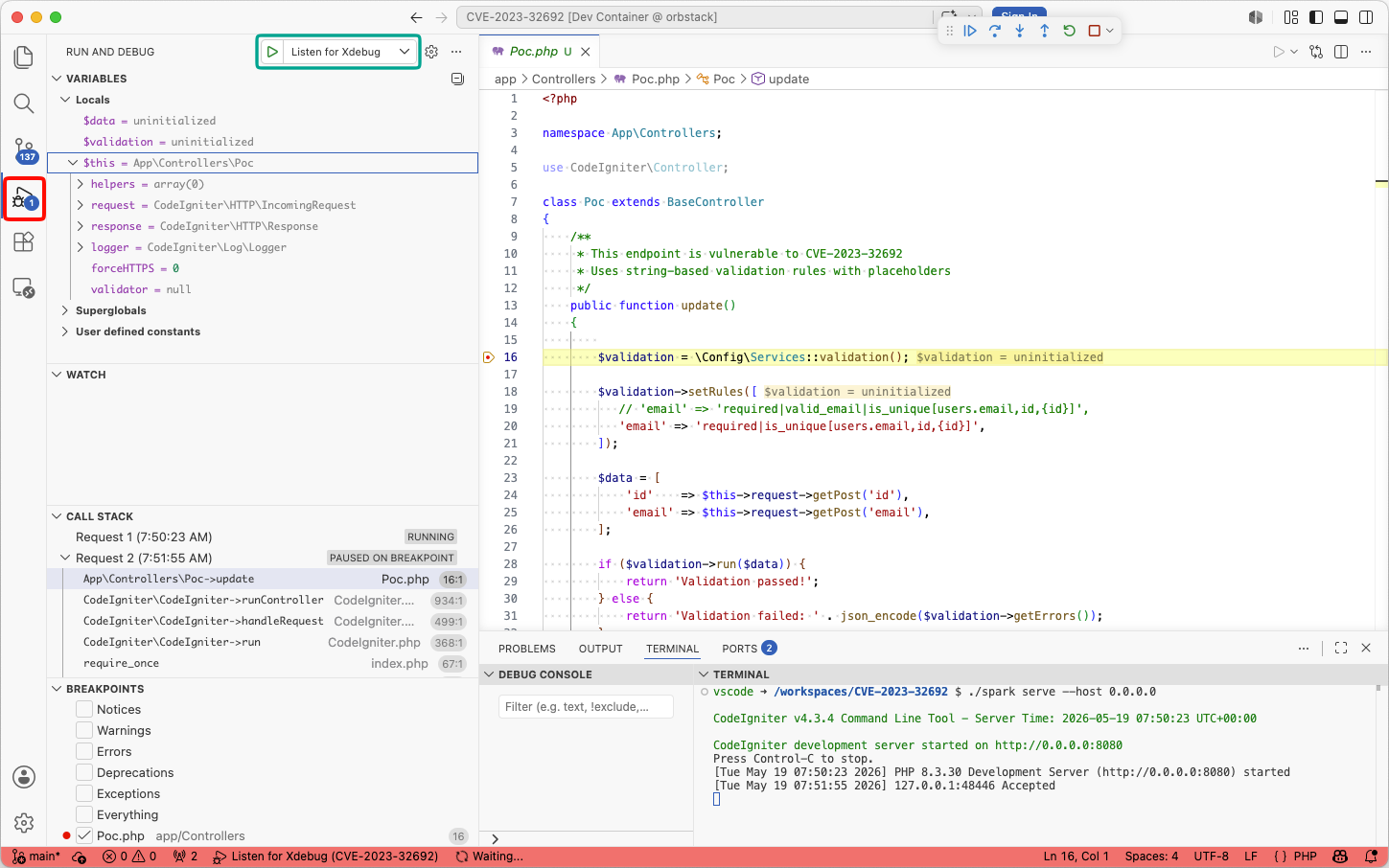 Отладка приложения внутри Dev Container