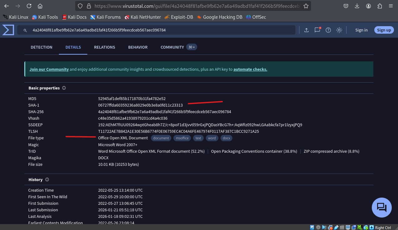 VirusTotal – التجزئة، نوع الملف والخصائص الأساسية