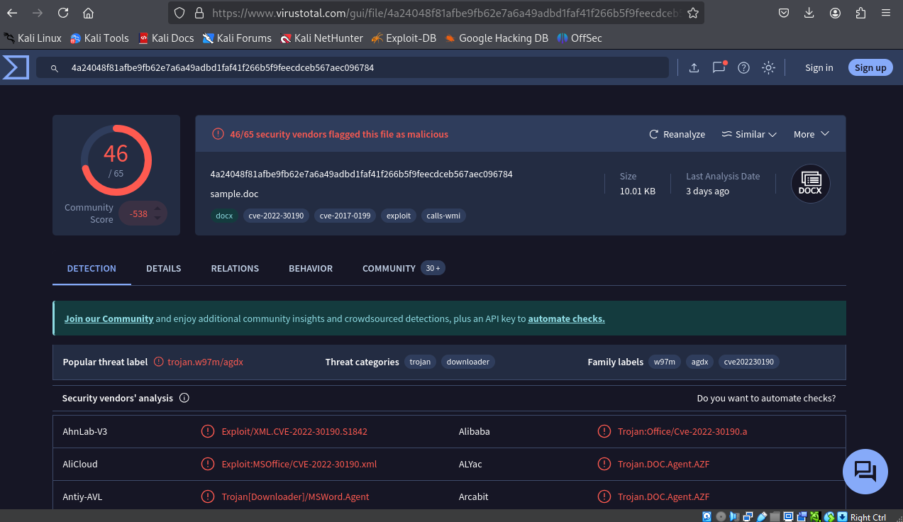 VirusTotal – نسبة الاكتشاف والوسوم الشائعة