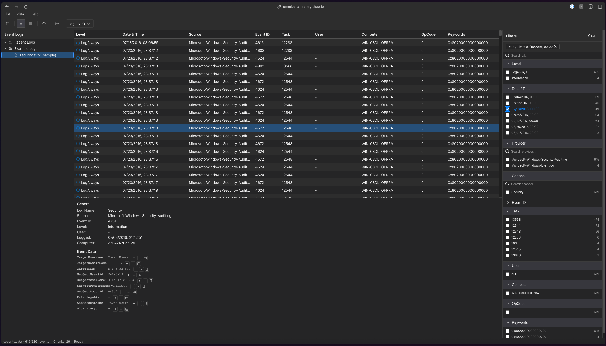 Captura de pantalla de EVTX Web