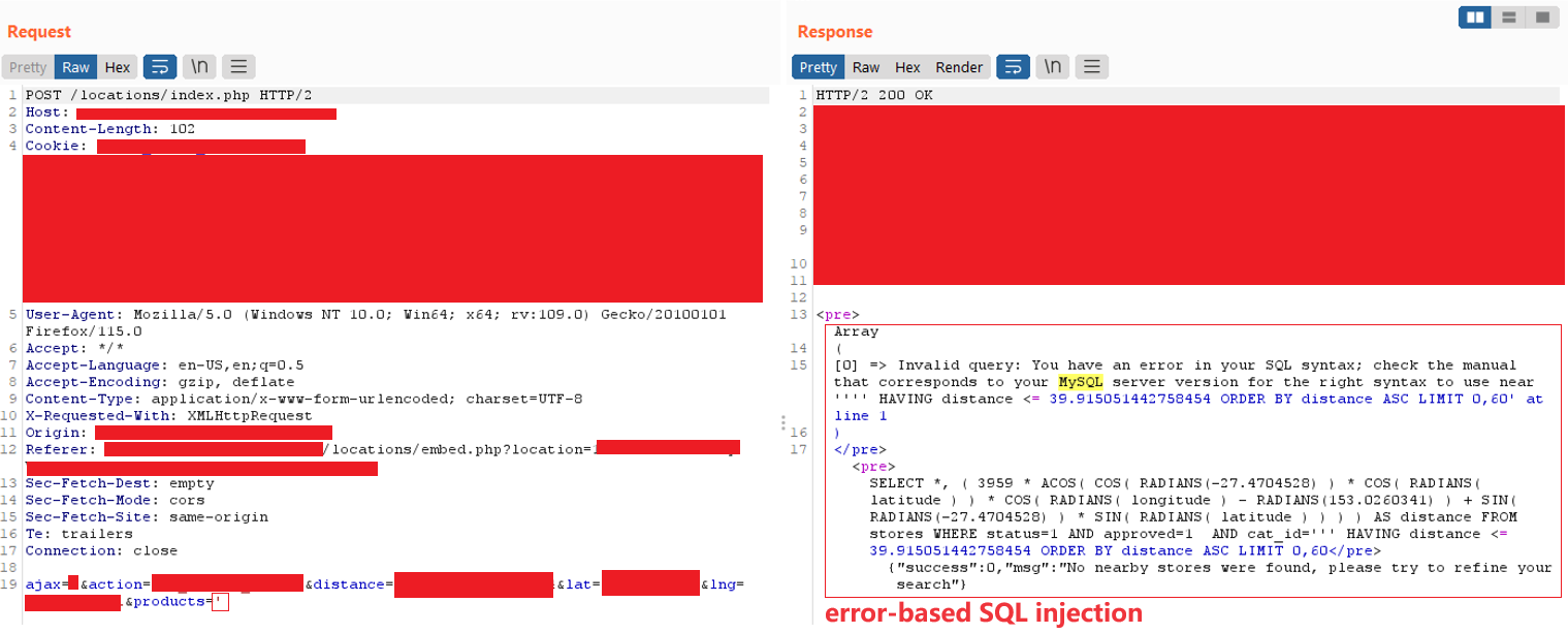 Screenshot dell'indicatore di SQL injection basata su errori