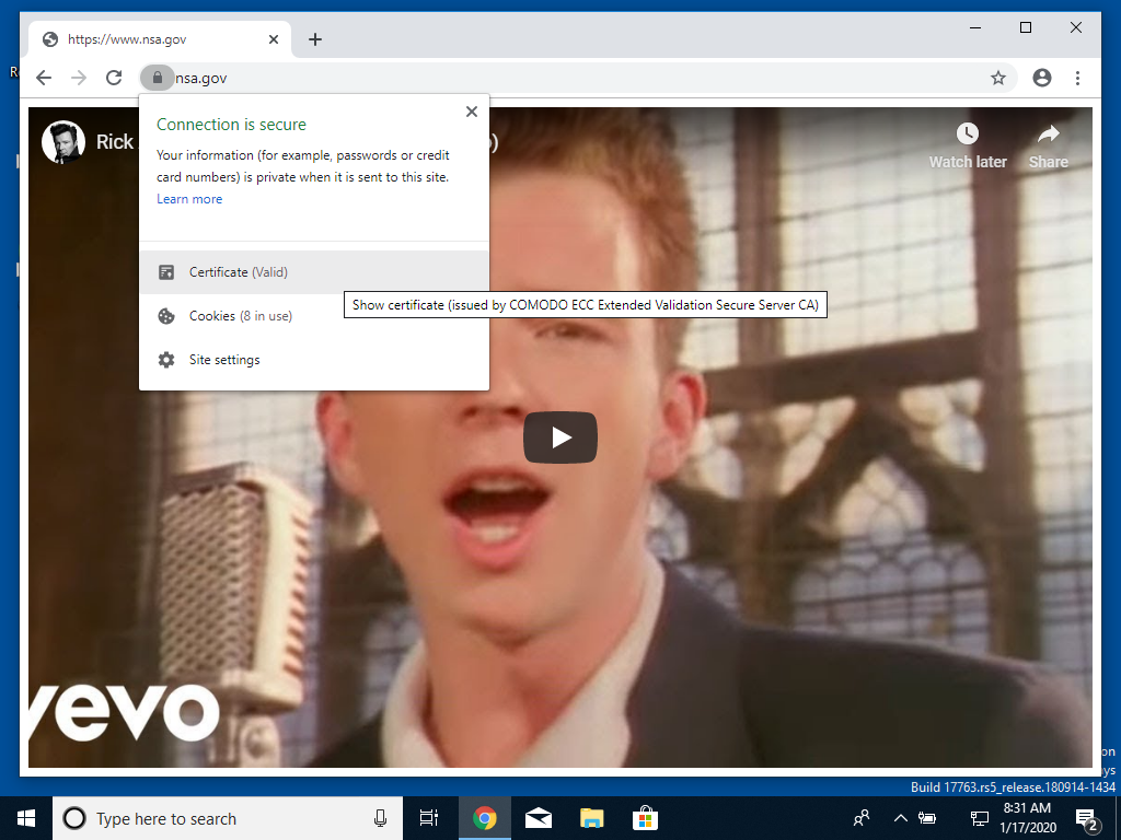 Снимок экрана: сертификат для www.nsa.gov в Google Chrome