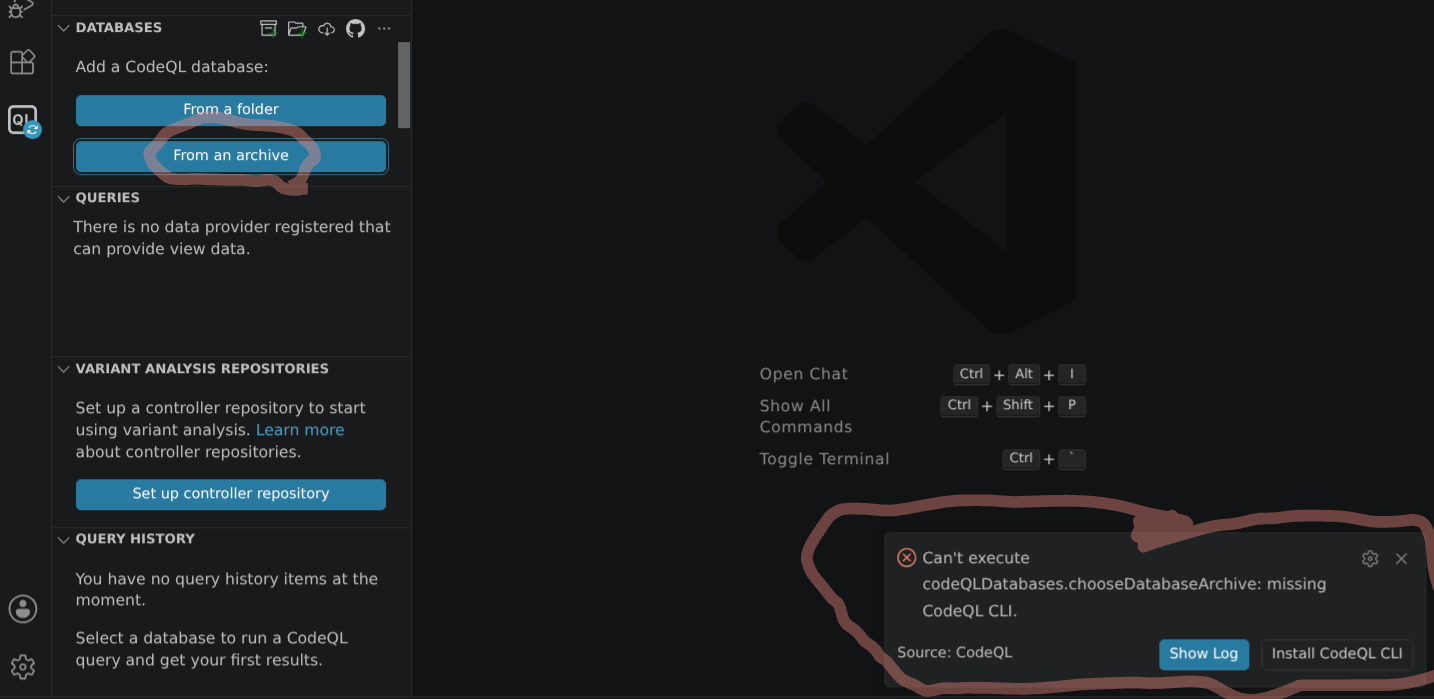 Screenshot: VSCode error msg re. CodeQL