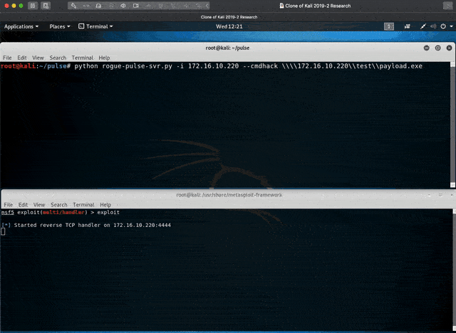 Una reverse shell meterpreter viene avviata dopo che l'utente si connette al server rogue Pulse.