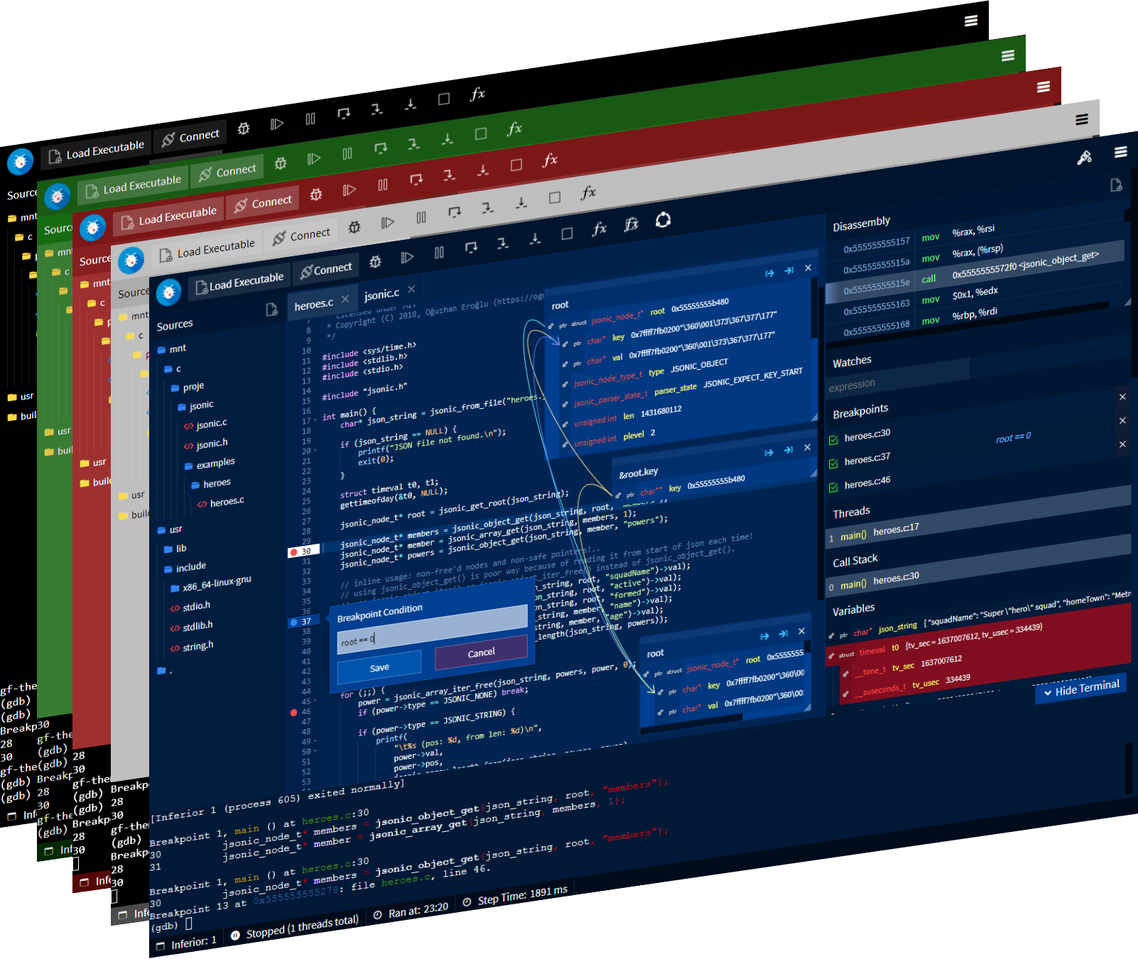 GDBFrontend هو مصحح واجهة مستخدم رسومية سهل ومرن وقابل للتوسيع. gdb-frontend