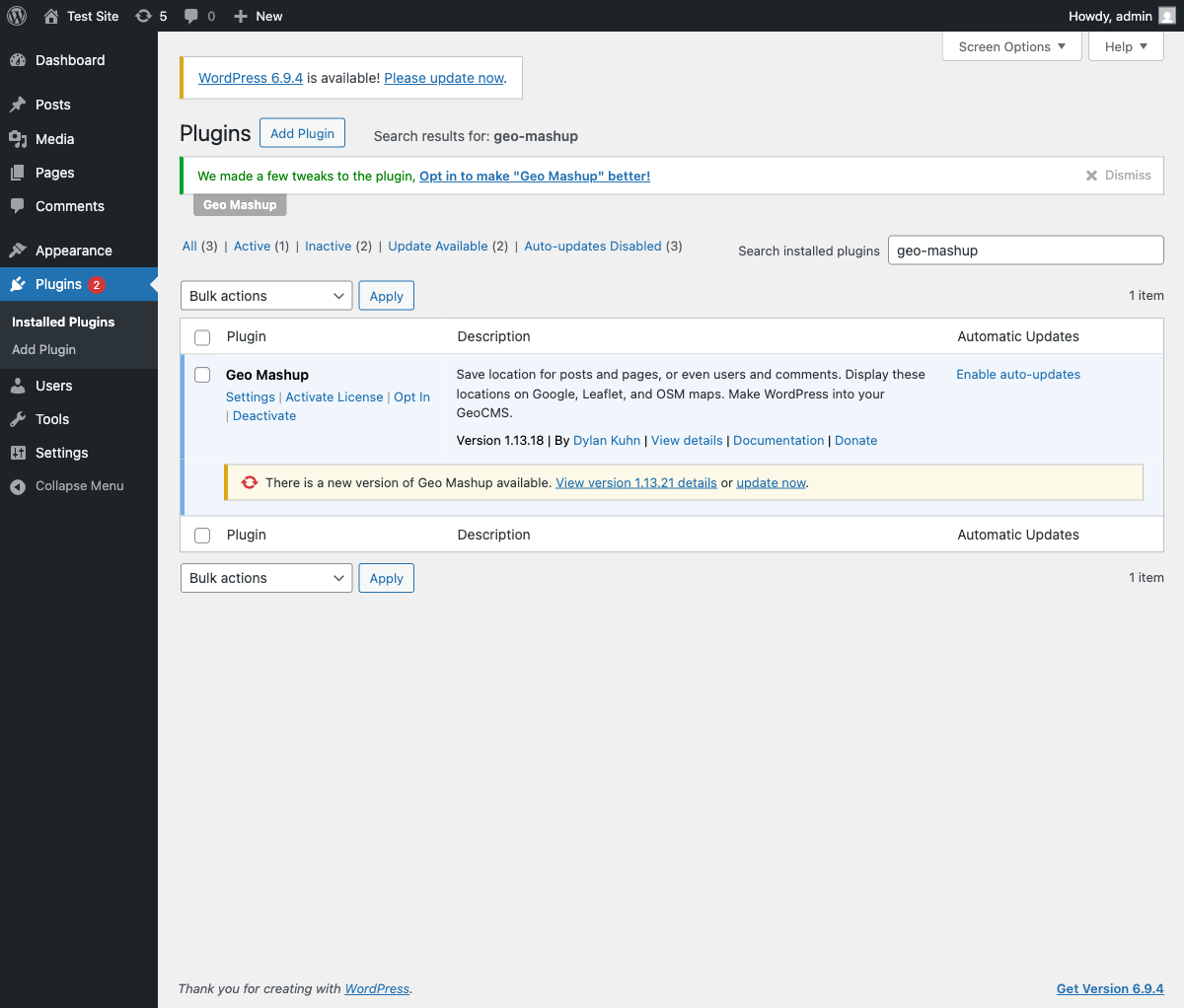 Geo Mashup 1.13.18 active in WordPress admin