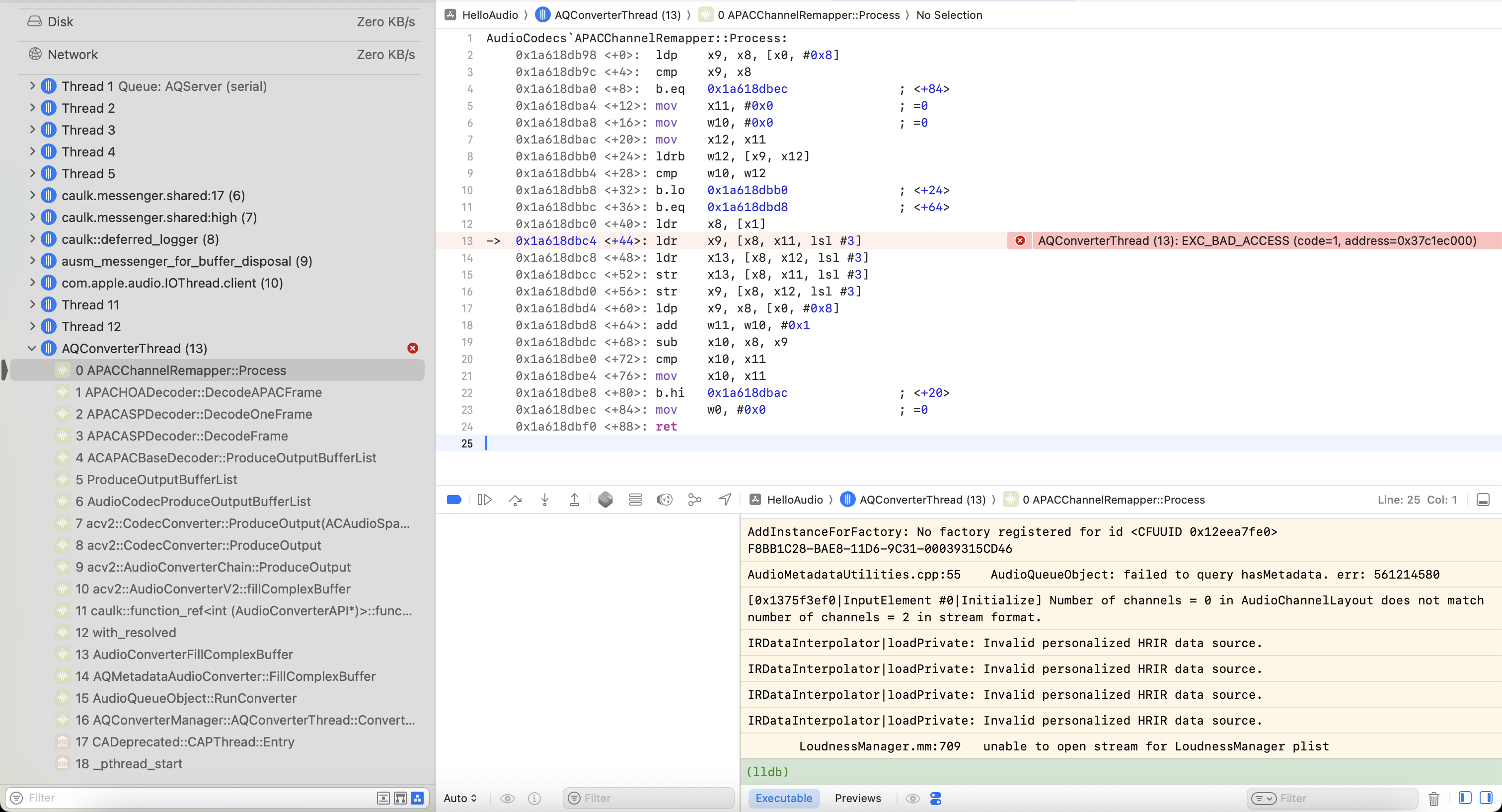 Xcode che mostra il crash in APACChannelRemapper::Process